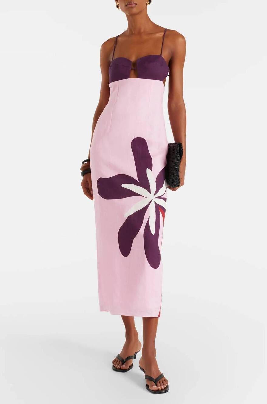 NEW CALA DE LA CRUZ firenze floral linen midi dress in pink
